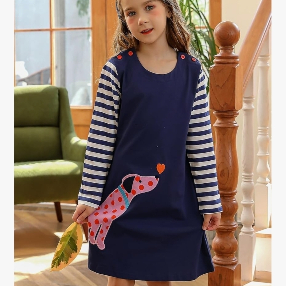 Navy Blue Striped Kids Nightgown with Dog Design - Picture 3 of 10